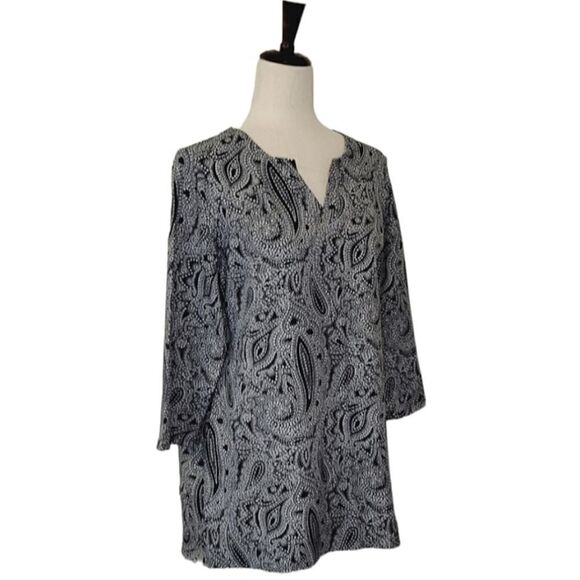 Craft & Barrow Navy Blue Paisley Split Neck 3/4 Sleeve Stretch Top Size L NWOT - Picture 3 of 6